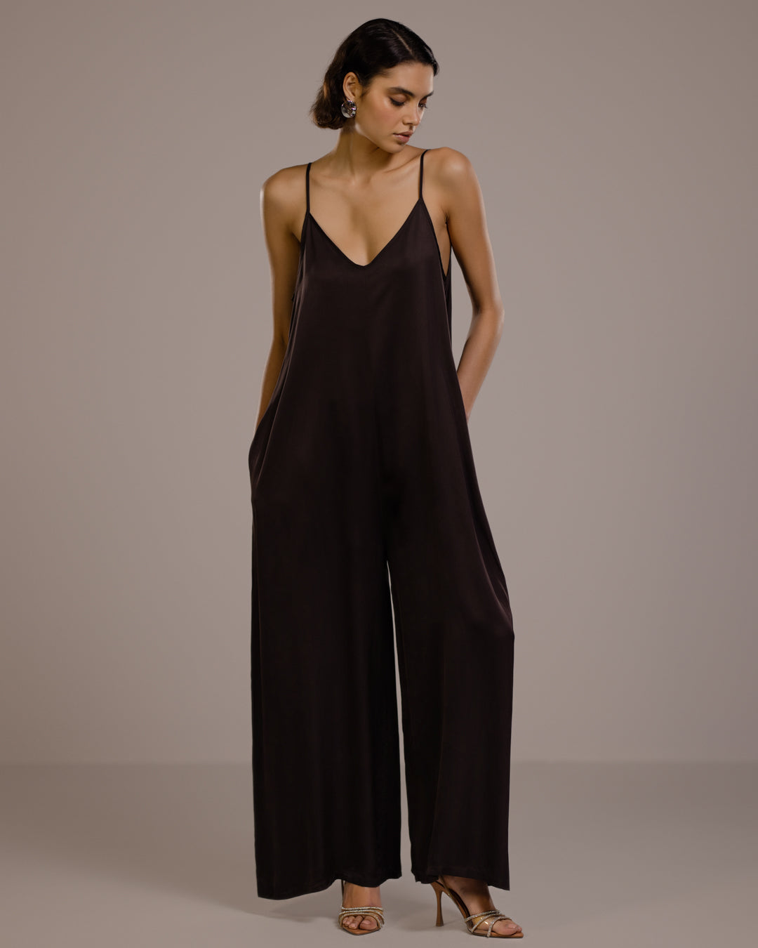 Audrey Satin Jumpsuit | Espresso Brown – JAKI
