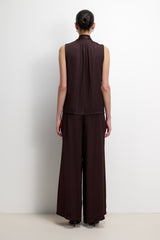 Lyanne Bow Neck Tie Satin Blouse | Espresso Brown Moire