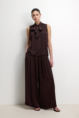Arden Pleated Elastic Waist Satin Trousers | Espresso Brown Moire