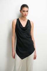 Les Asymmetric Cowl Neck Satin Top | Black