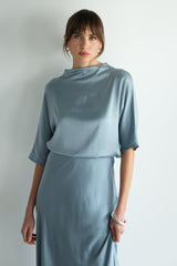 Genevieve Back Tie Satin Top | Dusty Blue