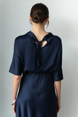Genevieve Back Tie Satin Top | Navy