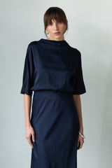 Genevieve Back Tie Satin Top | Navy