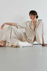 Nora Drawstring Satin Pants | Light Beige
