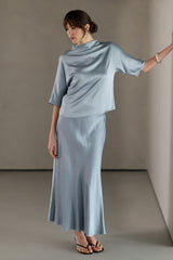 Genevieve Back Tie Satin Top | Dusty Blue