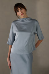 Genevieve Back Tie Satin Top | Dusty Blue