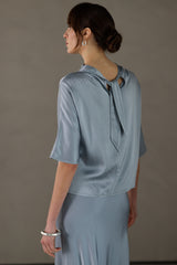 Genevieve Back Tie Satin Top | Dusty Blue