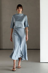 Genevieve Back Tie Satin Top | Dusty Blue