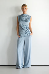 Allegra Draped Satin Sleeveless Top | Dusty Blue