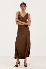 Front view of brown satin maxi slip dress