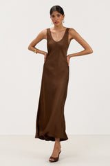 Front view of brown satin maxi slip dress