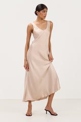 Front view of sand beige satin slip dress