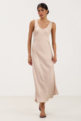 Front view of sand beige satin slip dress