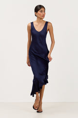 Front view of navy satin maxi slip dress