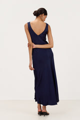 Back view of navy satin maxi slip dress