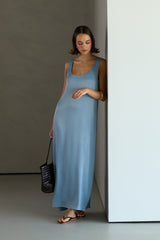 Chiara Matte Satin Dress | Dusty Blue