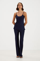 Genet Elastic Waist Bias Satin Trousers | Navy