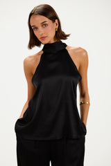 Roxane Halterneck Satin Tie Back Top | Black