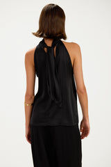 Roxane Halterneck Satin Tie Back Top | Black