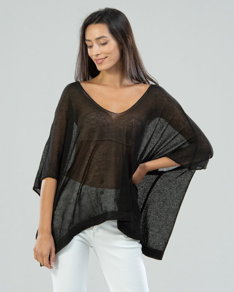 SALE | V Neck Lightweight Poncho Top | Black