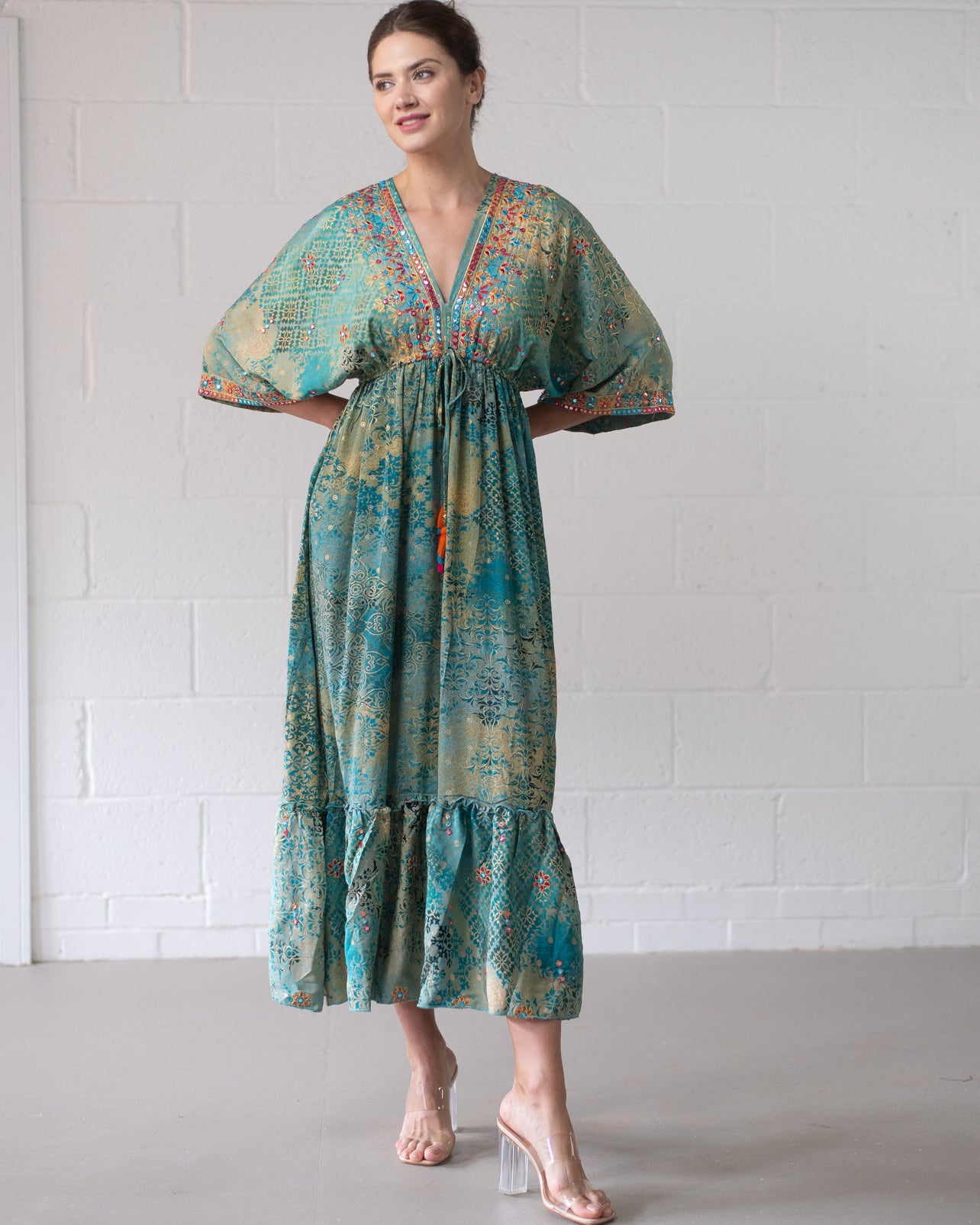 NEW | Silk Floral Gold Print Maxi Dress | Turquoise – JAKI