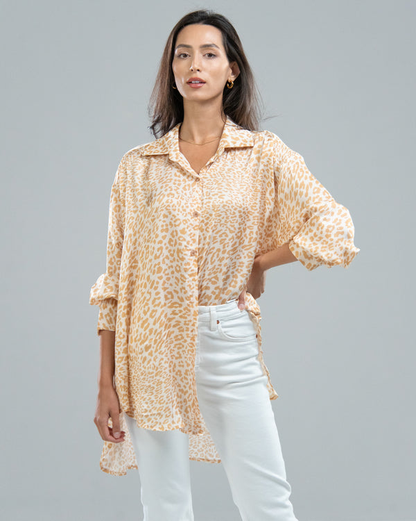 SALE | Silk Leopard Button Up Shirt | Light Beige