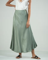 SALE | Satin Elastic Waist Midi Skirt | Khaki