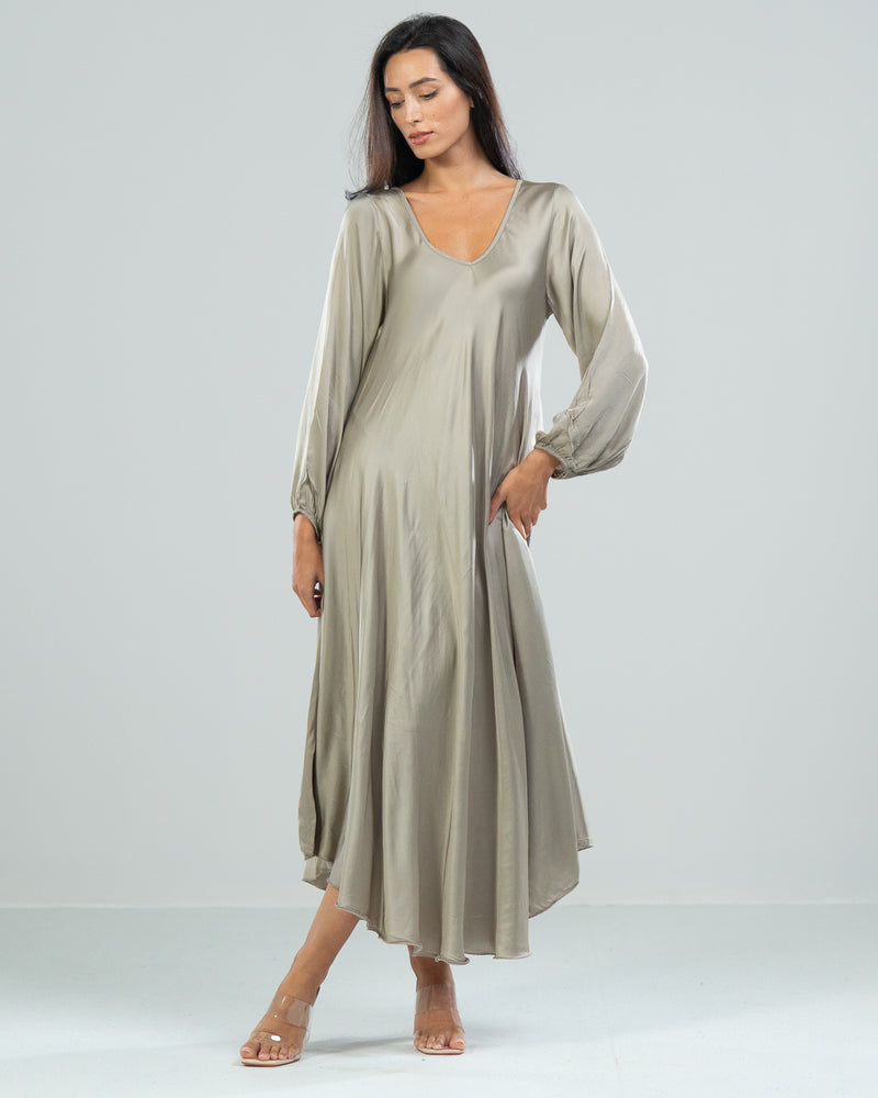 SALE | V Neck Silk Maxi Dress | Khaki