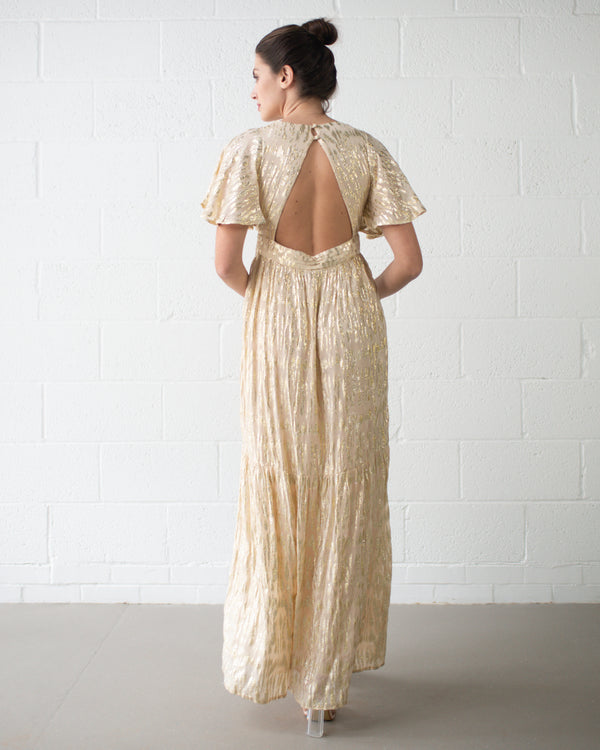 Resort Gold Print Split Maxi Dress | Beige