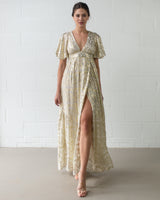 Resort Gold Print Split Maxi Dress | Ivory