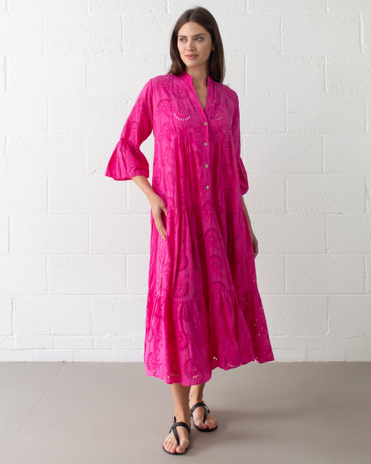 Anglaise Cotton Long Tiered Dress | Fuchsia – JAKI