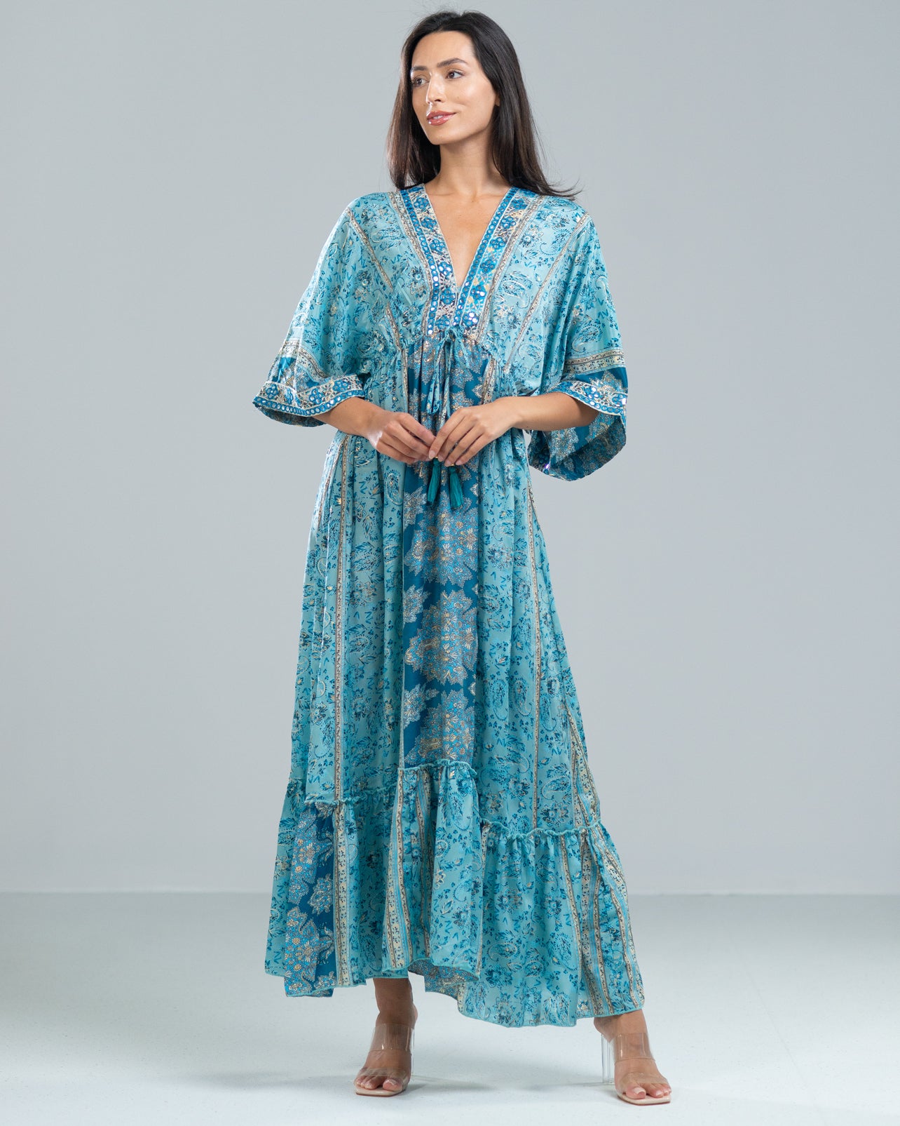 Silk Boho Tassel Long Tiered Printed Maxi Dress | Sky Blue – JAKI