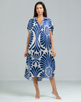 Open Collar Floral Silk Kaftan Dress | Blue