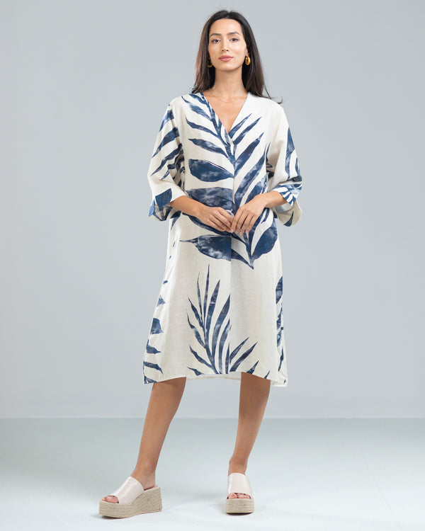 NEW | Leaf Print Linen Kaftan Dress | Navy