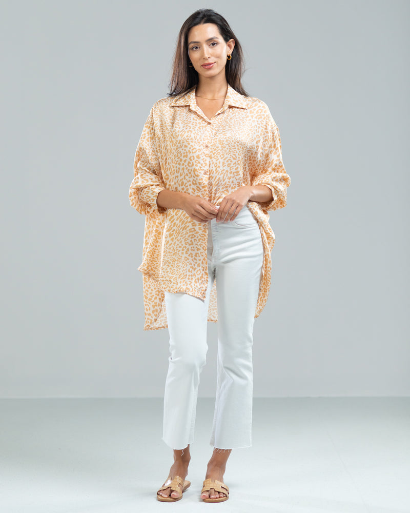 SALE | Silk Leopard Button Up Shirt | Light Beige