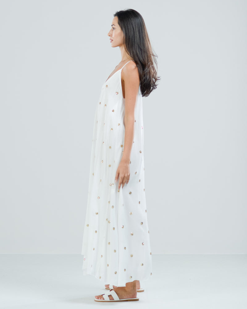 SALE | Sleeveless Sequin Polka Dots Maxi Dress | White