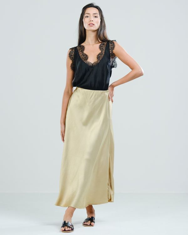 SALE | Satin Elastic Waist Midi Skirt | Gold
