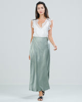 SALE | Satin Elastic Waist Midi Skirt | Khaki