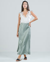 SALE | Satin Elastic Waist Midi Skirt | Khaki