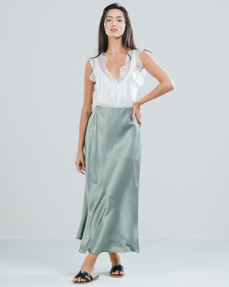 SALE | Satin Elastic Waist Midi Skirt | Khaki