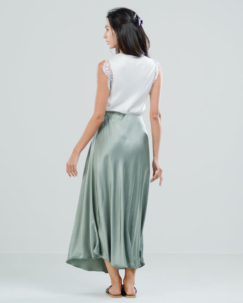 SALE | Satin Elastic Waist Midi Skirt | Khaki