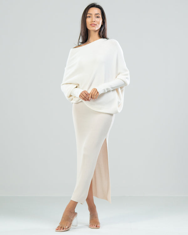 NEW | Side Split Elastic Waist Knitted Midi Skirt | Light Beige