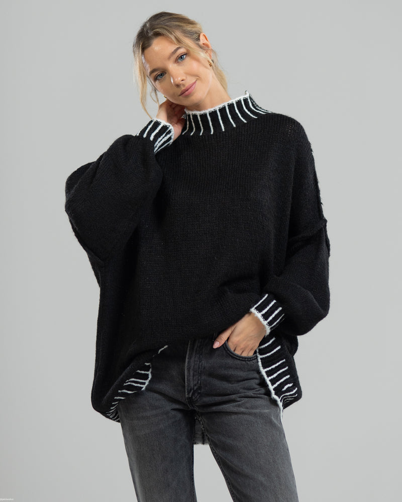 LIMITED RESTOCK | Mockneck Contrast Sweater | Black | Wool Blend