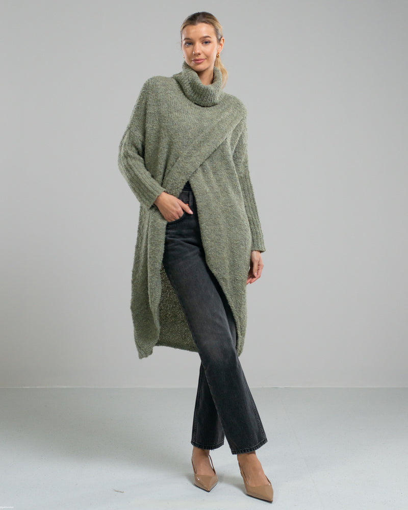 NEW | Roll Neck Crossover Sweater | Sage | Wool Blend