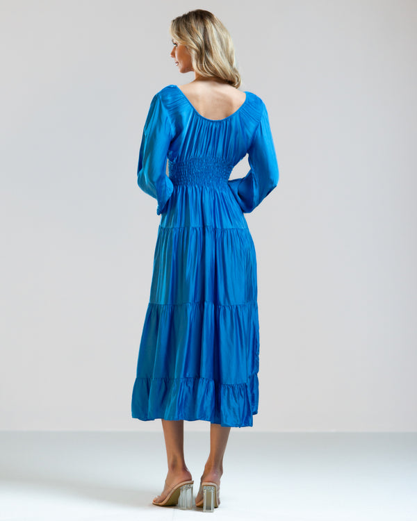 Silk V Neck Shirred Waist Long Tiered Dress | Blue