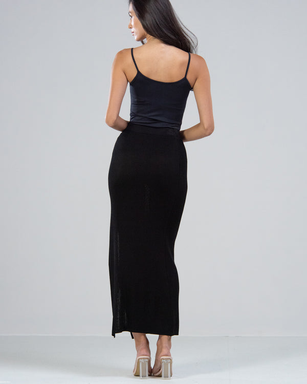 NEW | Side Split Elastic Waist Knitted Midi Skirt | Black