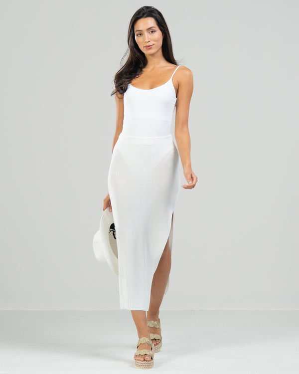 NEW | Side Split Elastic Waist Knitted Midi Skirt | White