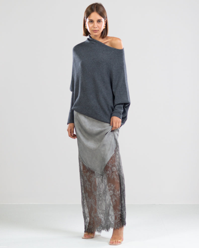 RESTOCKED | Satin Lace Maxi Skirt | Slate