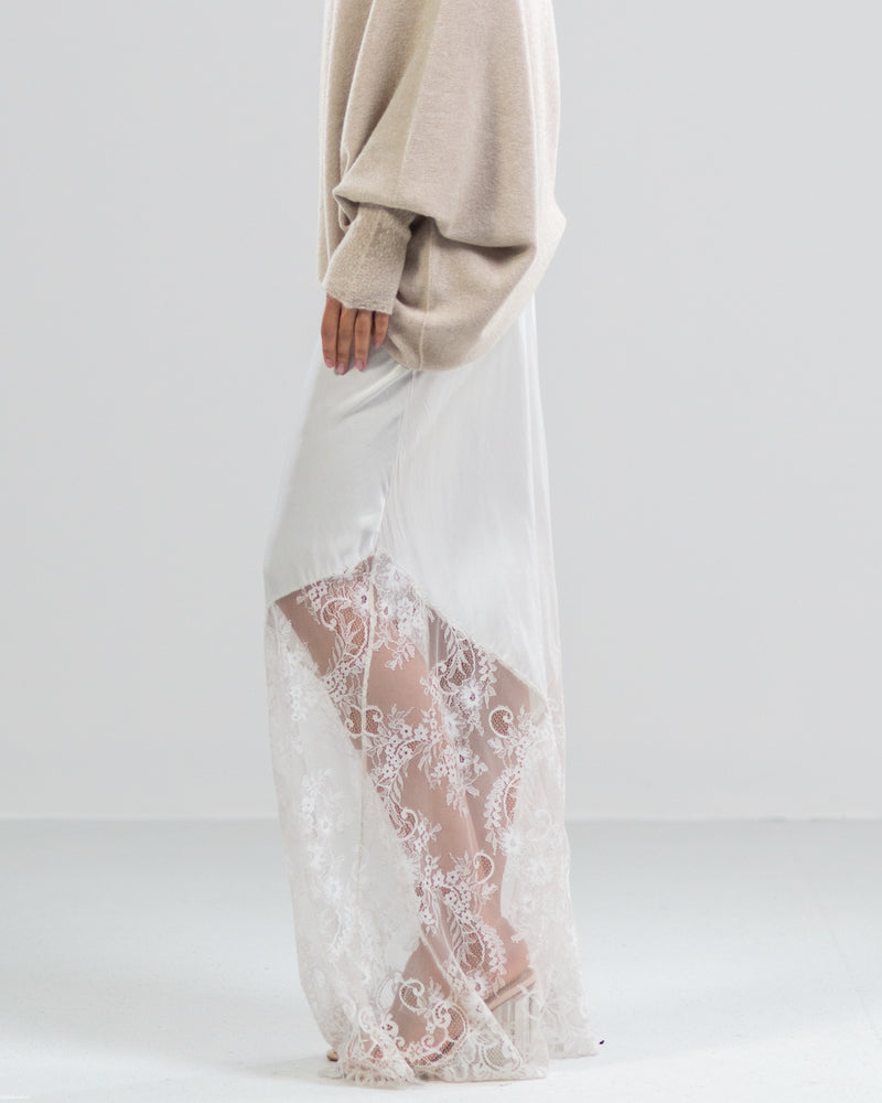 RESTOCKED | Satin Lace Maxi Skirt | Light Beige