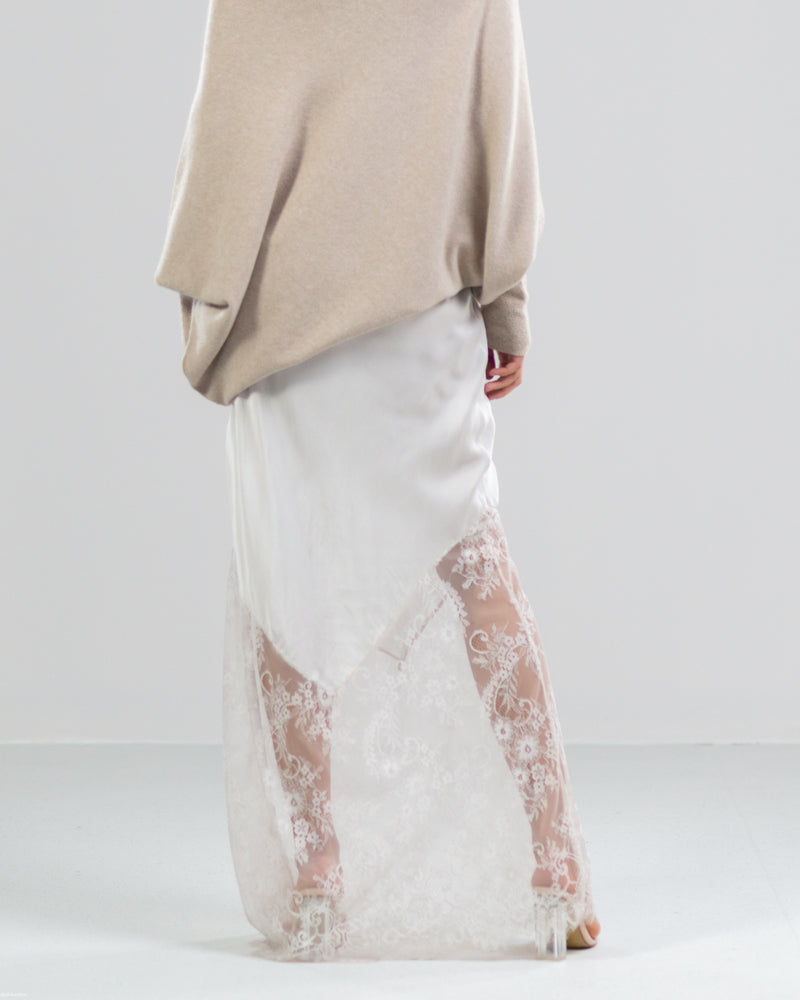RESTOCKED | Satin Lace Maxi Skirt | Light Beige